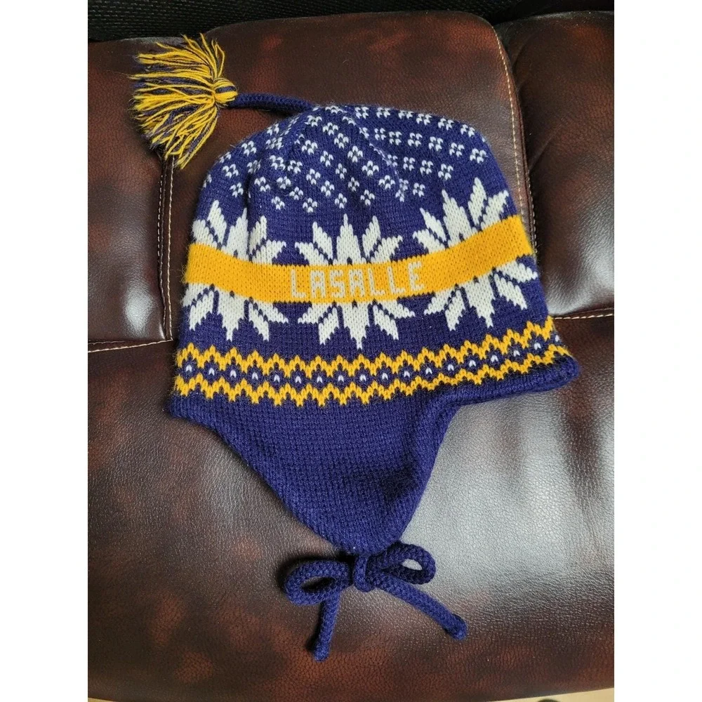 LaSalle Knit Beanie Hat Tassel Ear Flaps Fall/Winter Warm‎ Blue/Yellow Snowflake